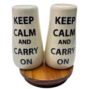 Pair of Keep Calm and Carry On Cream Color Salt and Pepper Shakers 3.75" Tall